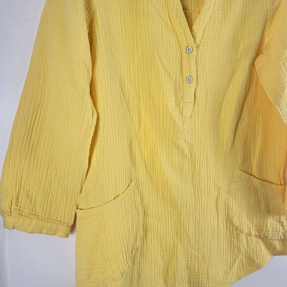 Soft Surroundings Long Sleeve Top M Womens Yellow Pop Over V Neck 100% Cotton - Picture 3 of 11